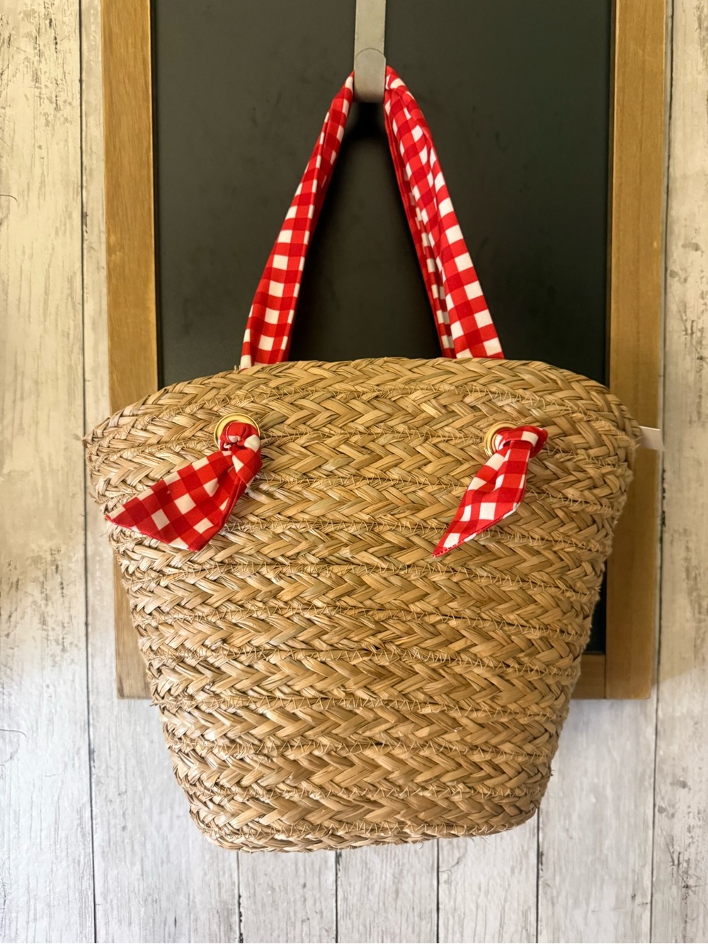 NWT Time and Tru Women's Seagrass Beach Tote, Natural/Red - Picture 8 of 8